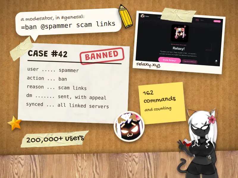 Relaxy! logging a ban as a numbered case in Discord, next to some of its commands and the uptime page's status bar